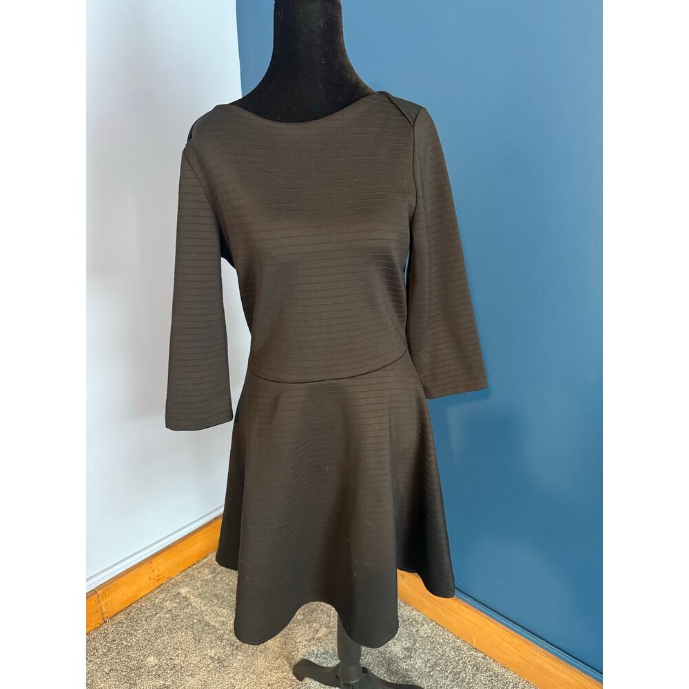 Zara Basic Black A-Line Textured Dress Size Large 3/4 Sleeve Fit Flare